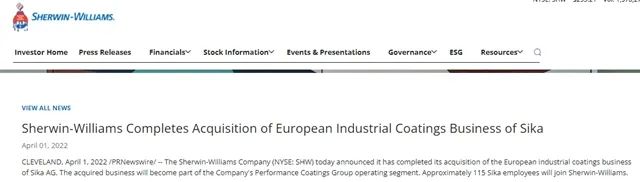 4月1日，宣偉在公司官網(wǎng)宣布，已經(jīng)完成了對(duì)西卡公司洲工業(yè)涂料業(yè)務(wù)的收購(gòu)